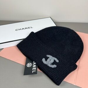 CHANEL Dark Knit Hat with Gray Logo